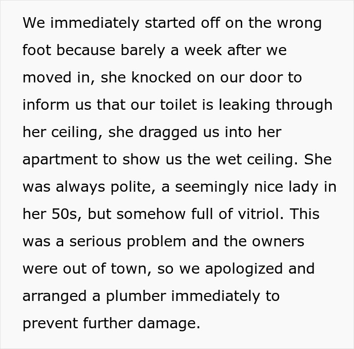 Text about dealing with nosy neighbor trauma involving a leaking toilet and tense neighbor interactions.