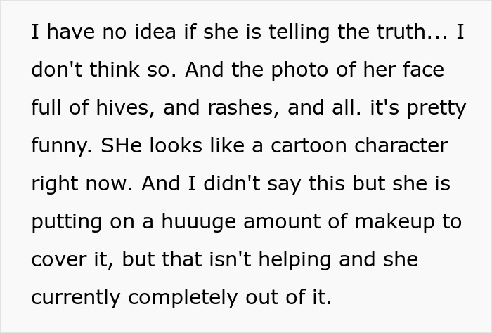 Text excerpt about a serial food thief with peanut allergy experiencing hives and rashes after stealing roommate’s dinner. Text excerpt about a serial food thief with peanut allergy experiencing hives and rashes after stealing roommate’s dinner.