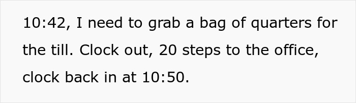 Text on screen showing a work scenario about boss demanding employee clock out for every break and the response.