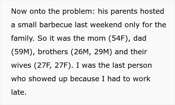 Text excerpt about future MIL brands bride-to-be stupid, describing family barbecue gathering and late arrival due to work. Text excerpt about future MIL brands bride-to-be stupid, describing family barbecue gathering and late arrival due to work.