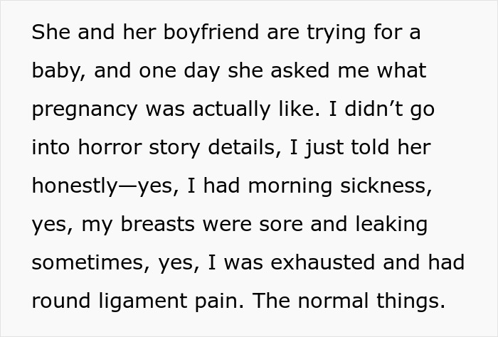 Text describing pregnancy experiences, discussing morning sickness, sore breasts, exhaustion, and ligament pain during pregnancy. Text describing pregnancy experiences, discussing morning sickness, sore breasts, exhaustion, and ligament pain during pregnancy.