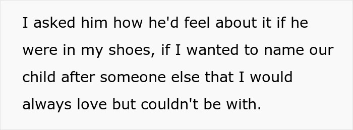 Text about man wanting to name his baby after his first girlfriend, causing upset with his wife. Text about man wanting to name his baby after his first girlfriend, causing upset with his wife.
