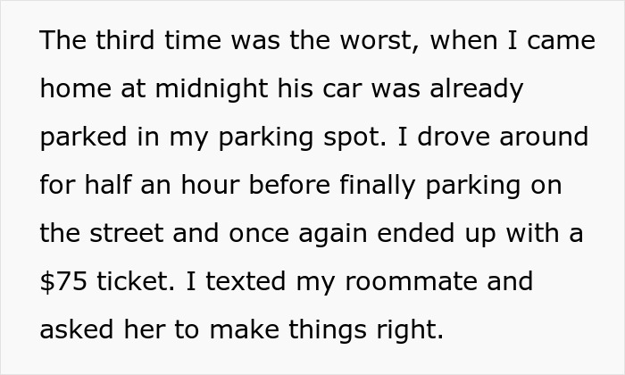 Text excerpt describing frustration over a boyfriend repeatedly stealing a woman’s parking spot and receiving a ticket. Text excerpt describing frustration over a boyfriend repeatedly stealing a woman’s parking spot and receiving a ticket.