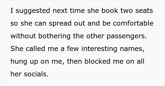 Text conversation about woman suggesting obese friend buy two seats for comfort on flight, resulting in name-calling and being blocked. Text conversation about woman suggesting obese friend buy two seats for comfort on flight, resulting in name-calling and being blocked.