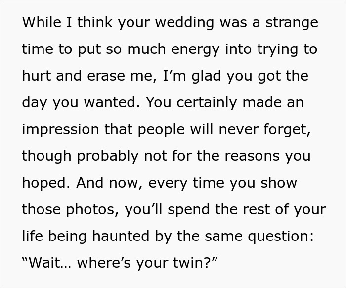 Bride tries to erase twin from wedding photos, revealing family favoritism and causing lasting tension. Bride tries to erase twin from wedding photos, revealing family favoritism and causing lasting tension.
