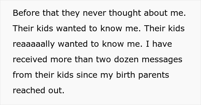 Text message about man’s birth family reaching out after abandoning him, expressing shock he rejects them. Text message about man’s birth family reaching out after abandoning him, expressing shock he rejects them.