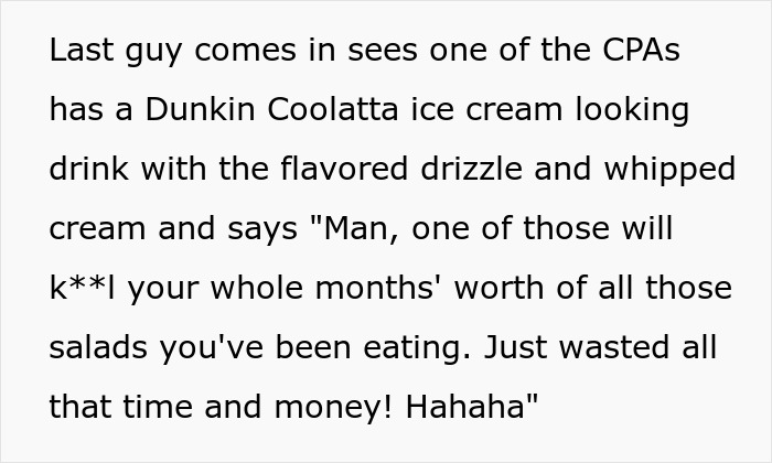 Text of a body-shaming comment made by an employee referencing unhealthy eating habits and junk food in a workplace setting. Text of a body-shaming comment made by an employee referencing unhealthy eating habits and junk food in a workplace setting.