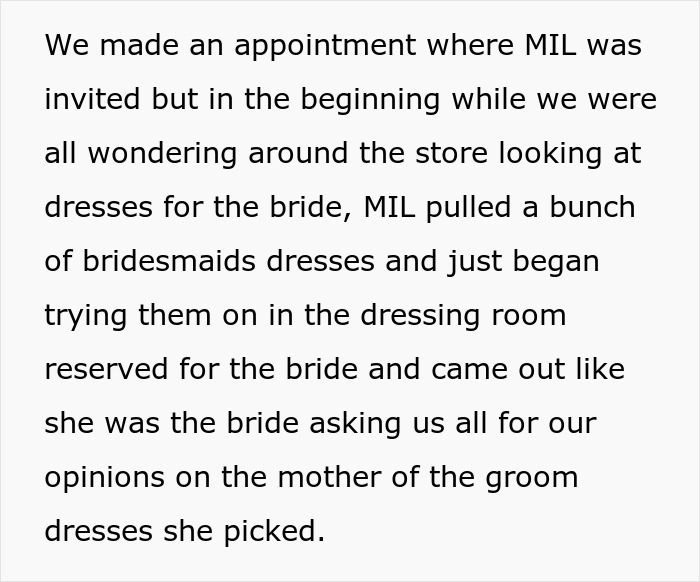 Rude MIL regrets wearing white as bridal party ruins her dress at the wedding after a tense fitting room incident. Rude MIL regrets wearing white as bridal party ruins her dress at the wedding after a tense fitting room incident.