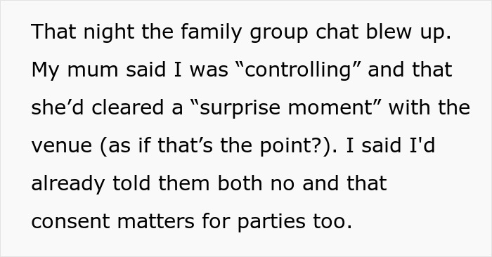 Text excerpt from a family group chat showing a woman discussing consent and shutting down a brother’s proposal at her baby shower. Text excerpt from a family group chat showing a woman discussing consent and shutting down a brother’s proposal at her baby shower.