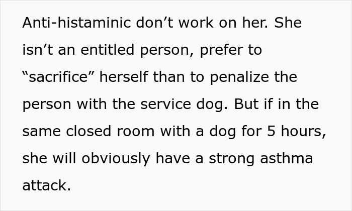 Woman explaining allergy and asthma concerns related to refusing sister-in-law’s service dog at wedding event.