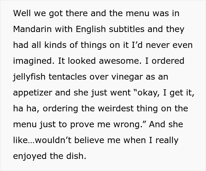 Text describing a dining experience including ordering fried pork intestine from a menu with Mandarin and English subtitles. Text describing a dining experience including ordering fried pork intestine from a menu with Mandarin and English subtitles.