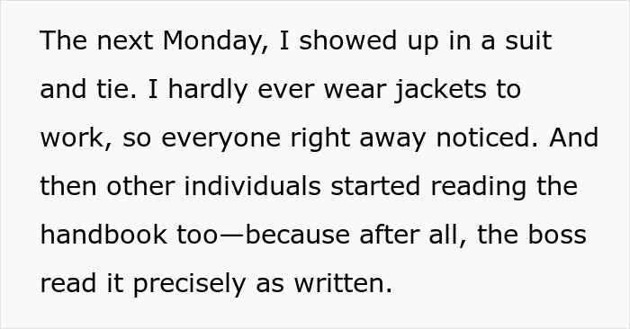 Text excerpt discussing employees responding to a strict dress code by strictly following handbook rules at work.