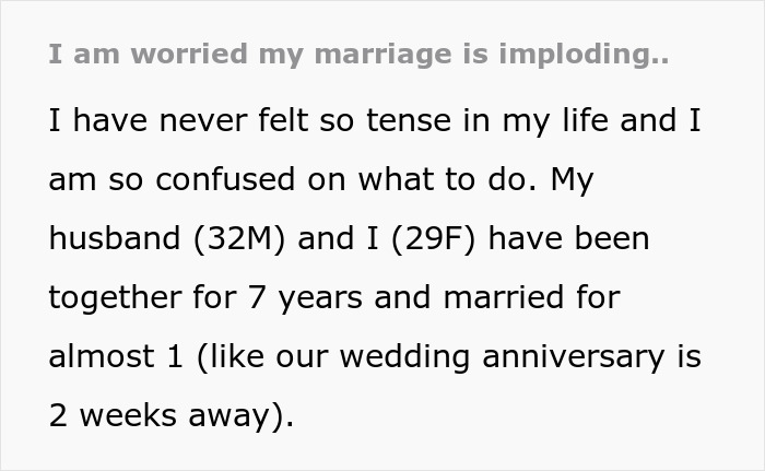 Text from a worried wife describing tension in her marriage after 7 years together and approaching their first anniversary. Text from a worried wife describing tension in her marriage after 7 years together and approaching their first anniversary.
