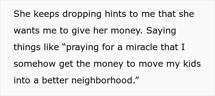 Text showing a woman rejecting her sister's hints for money while the sibling rages about Ibiza pics online.