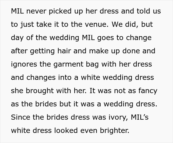 Rude MIL wears white to wedding, bridal party ruins her dress after she ignores garment bag and changes clothes. Rude MIL wears white to wedding, bridal party ruins her dress after she ignores garment bag and changes clothes.