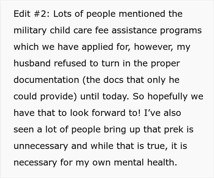Text excerpt about husband expects wife to work and study full time while managing two kids, mentioning childcare and mental health. Text excerpt about husband expects wife to work and study full time while managing two kids, mentioning childcare and mental health.