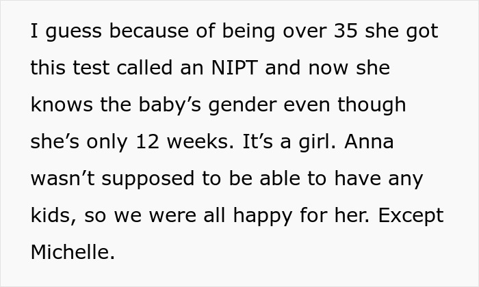 Text discussing a sister accusing favoring nephew niece after finding out the baby's gender early with a test. Text discussing a sister accusing favoring nephew niece after finding out the baby's gender early with a test.