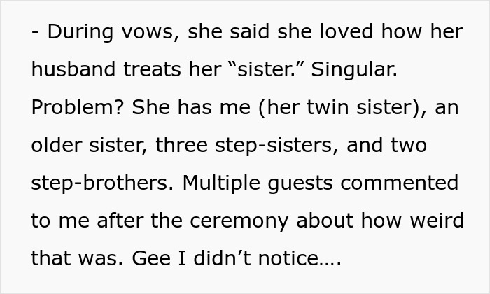 Bride tries to erase twin from wedding vows, revealing family favoritism and awkward moments among siblings and guests. Bride tries to erase twin from wedding vows, revealing family favoritism and awkward moments among siblings and guests.