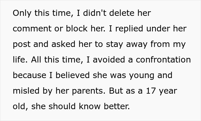 Text showing a woman addressing her stalker half-sis online, putting a stop to airing dirty laundry publicly. Text showing a woman addressing her stalker half-sis online, putting a stop to airing dirty laundry publicly.