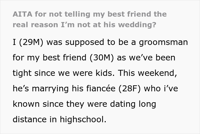 Text post about a groom kissing his best friend at a bachelor party and the bride banning him from the wedding. Text post about a groom kissing his best friend at a bachelor party and the bride banning him from the wedding.