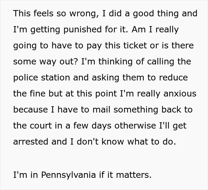 Text showing a message from an 18-year-old about getting a curfew violation ticket after reporting a drunk driver to police.