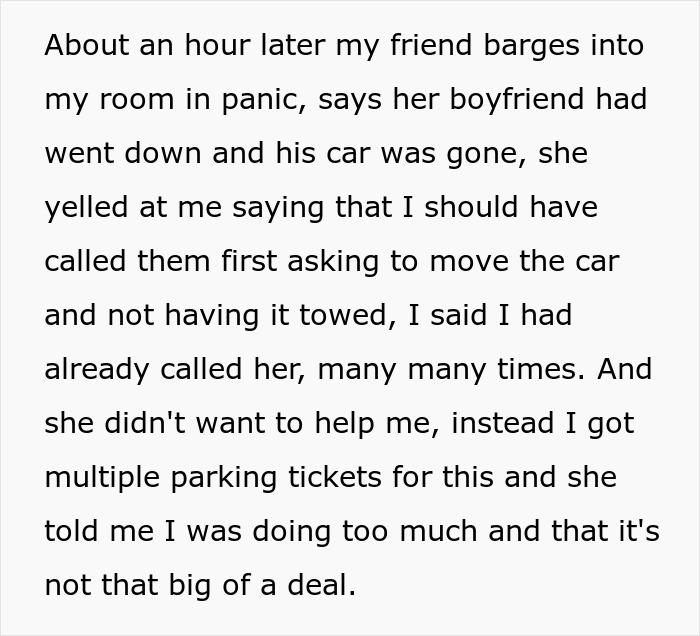 Woman gets revenge on roomie’s boyfriend stealing parking spot by having his car towed overnight. Woman gets revenge on roomie’s boyfriend stealing parking spot by having his car towed overnight.