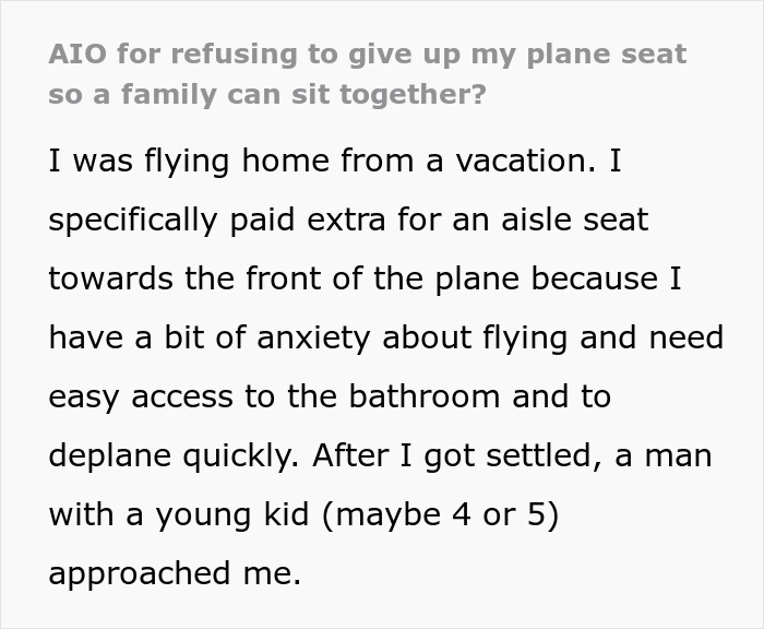 Airplane passenger refuses to swap paid seat, leading to dramatic family confrontation during the flight. Airplane passenger refuses to swap paid seat, leading to dramatic family confrontation during the flight.