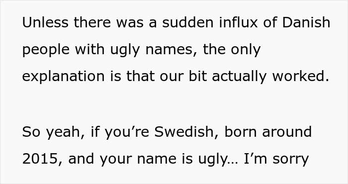 Text discussing a trend where bored teens spam a baby-naming website with weird ideas, sparking unexpected popularity.