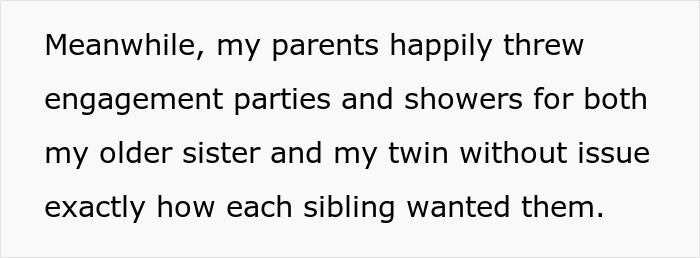 Text excerpt discussing parents hosting separate engagement parties and showers for an older sister and twin, highlighting family favoritism. Text excerpt discussing parents hosting separate engagement parties and showers for an older sister and twin, highlighting family favoritism.