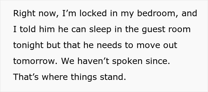 Text from a locked bedroom explaining a man insists on 50/50 house ownership causing a breakup ultimatum. Text from a locked bedroom explaining a man insists on 50/50 house ownership causing a breakup ultimatum.