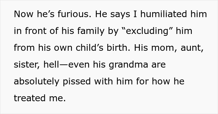 Text excerpt showing a husband furious after being excluded from his own child’s birth, ignoring pregnant wife’s feelings. Text excerpt showing a husband furious after being excluded from his own child’s birth, ignoring pregnant wife’s feelings.