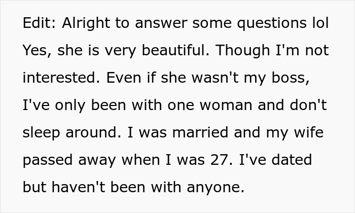 Text excerpt discussing a personal story about the boss invite vacation with her and past relationships. Text excerpt discussing a personal story about the boss invite vacation with her and past relationships.