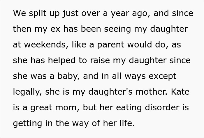Text about ex’s eating disorder impacting daughter, showing concern over little girl copying negative eating comments.