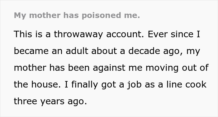 Text excerpt from a story titled mother poisoned me about a toxic relationship with a controlling mother. Text excerpt from a story titled mother poisoned me about a toxic relationship with a controlling mother.