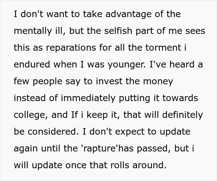 Text excerpt discussing investing money, reflecting on Christian rapture beliefs and future financial plans. Text excerpt discussing investing money, reflecting on Christian rapture beliefs and future financial plans.