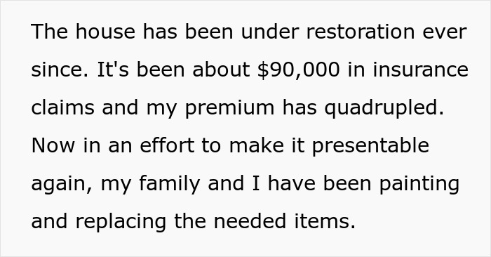 Text showing a landlord describing house restoration after horrible tenants, including high insurance claims and repairs underway. Text showing a landlord describing house restoration after horrible tenants, including high insurance claims and repairs underway.