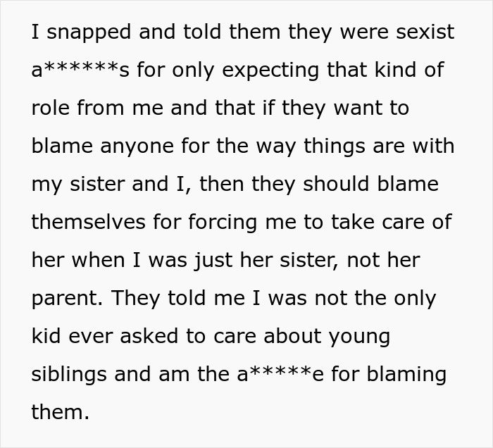 Text excerpt highlighting a 19-year-old forced to be a parent to little sister, expressing frustration over unequal expectations. Text excerpt highlighting a 19-year-old forced to be a parent to little sister, expressing frustration over unequal expectations.