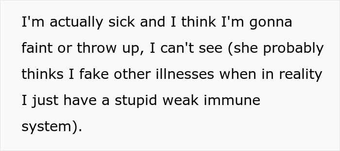 Text showing a teen describing feeling sick and faint after a fall, highlighting weak immune system struggles.