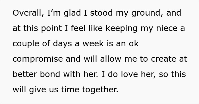 Text showing a 40-year-old aunt explaining her decision to limit babysitting, aiming to build a better bond with her niece. Text showing a 40-year-old aunt explaining her decision to limit babysitting, aiming to build a better bond with her niece.