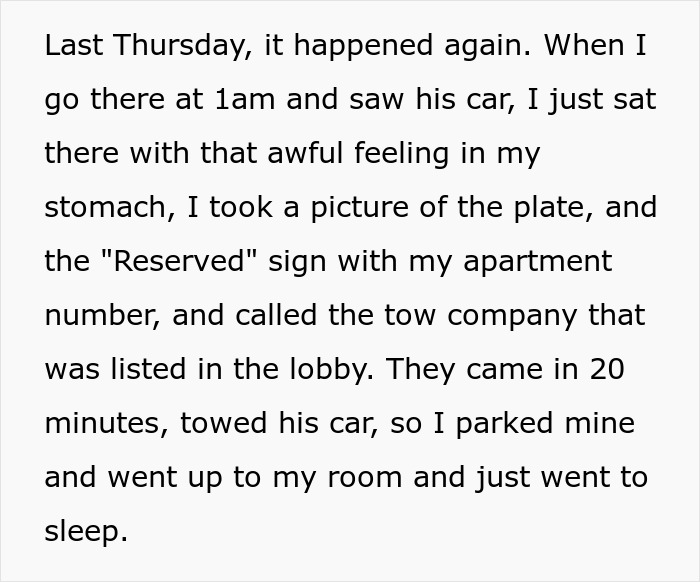 Woman takes revenge on roomie’s boyfriend by having his car towed overnight for stealing her parking spot. Woman takes revenge on roomie’s boyfriend by having his car towed overnight for stealing her parking spot.