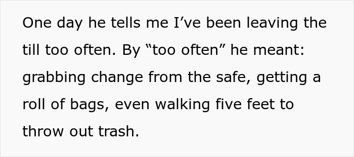 Text block showing an employee describing being told by a boss to clock out for every break, leading to a malicious compliance.