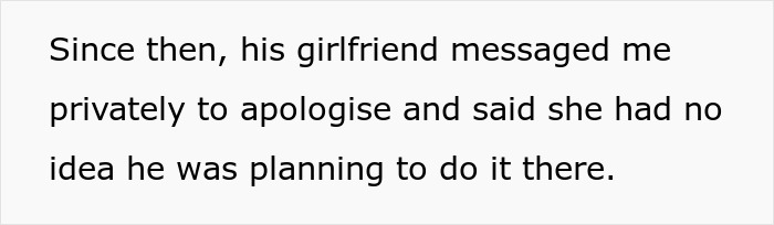 Text discussing a girlfriend apologizing after learning about a brother’s proposal plan at a baby shower. Text discussing a girlfriend apologizing after learning about a brother’s proposal plan at a baby shower.