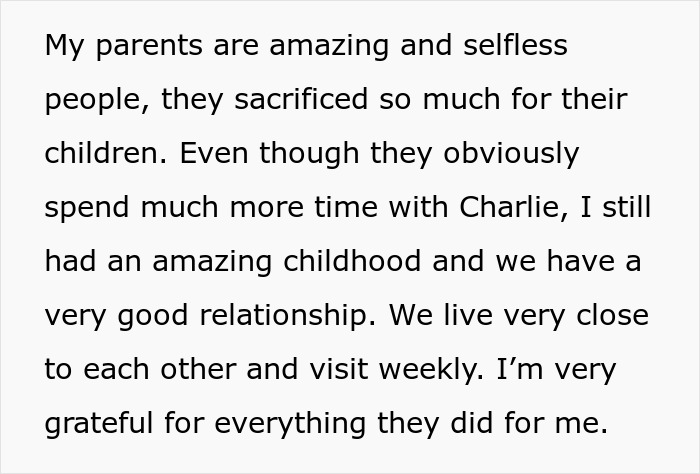 Text excerpt about parents expecting son to care for autistic brother, highlighting family sacrifice and relationship challenges. Text excerpt about parents expecting son to care for autistic brother, highlighting family sacrifice and relationship challenges.