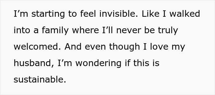Text expressing feeling invisible and unwelcome in inlaws’ family, questioning sustainability of marriage amid divorce concerns.