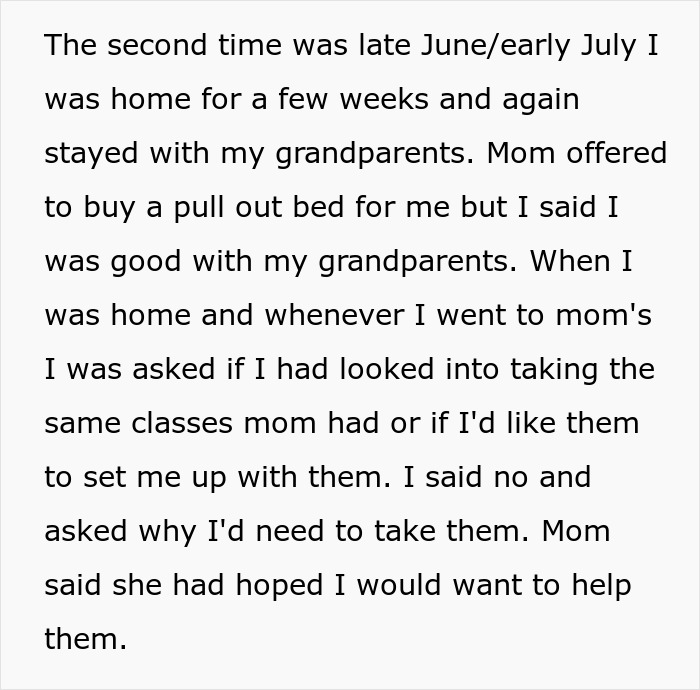 Text excerpt showing a mom pressuring her 20-year-old son to care for fiancé’s disabled daughter, causing conflict. Text excerpt showing a mom pressuring her 20-year-old son to care for fiancé’s disabled daughter, causing conflict.