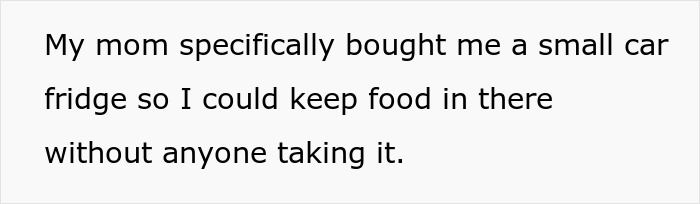 Text on a whiteboard reading about a small car fridge bought to keep food safe from a serial food thief with peanut allergy. Text on a whiteboard reading about a small car fridge bought to keep food safe from a serial food thief with peanut allergy.