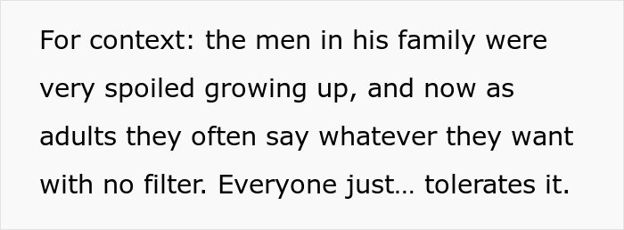 Text excerpt about men in family behaving spoiled and unfiltered, related to lady standing up for cousin's wife against rude hubby. Text excerpt about men in family behaving spoiled and unfiltered, related to lady standing up for cousin's wife against rude hubby.