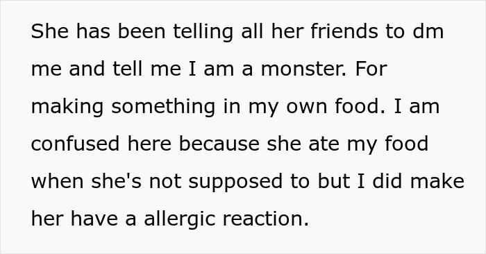 Text excerpt from a social media post about a serial food thief with peanut allergy causing an allergic reaction after stealing dinner. Text excerpt from a social media post about a serial food thief with peanut allergy causing an allergic reaction after stealing dinner.
