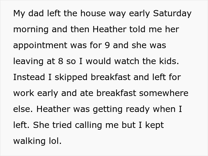 Text message describing a teen secretly ditching babysitting half siblings after parents expect help with childcare. Text message describing a teen secretly ditching babysitting half siblings after parents expect help with childcare.