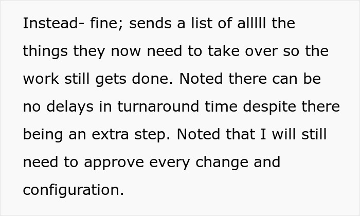 Text showing an engineer sending a detailed list of tasks HR must learn after software access is revoked to ensure work continuity. Text showing an engineer sending a detailed list of tasks HR must learn after software access is revoked to ensure work continuity.